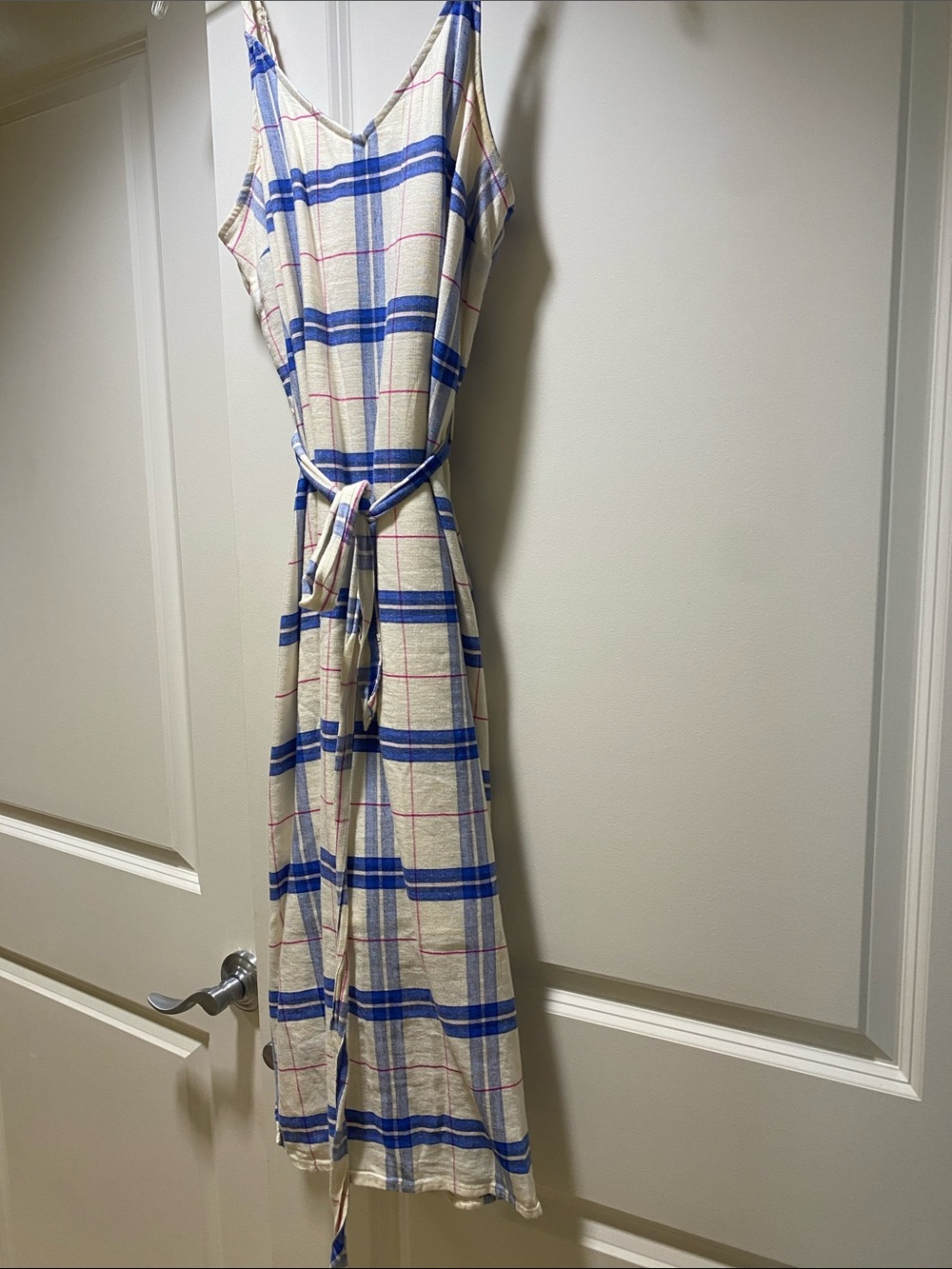 White Midi Sundress with Blue and Red Plaid Dress, sz S